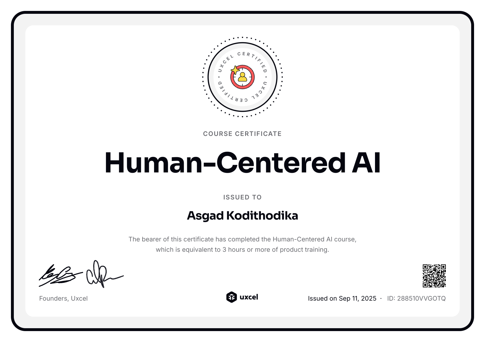 Asgad Kodithodika's certificate